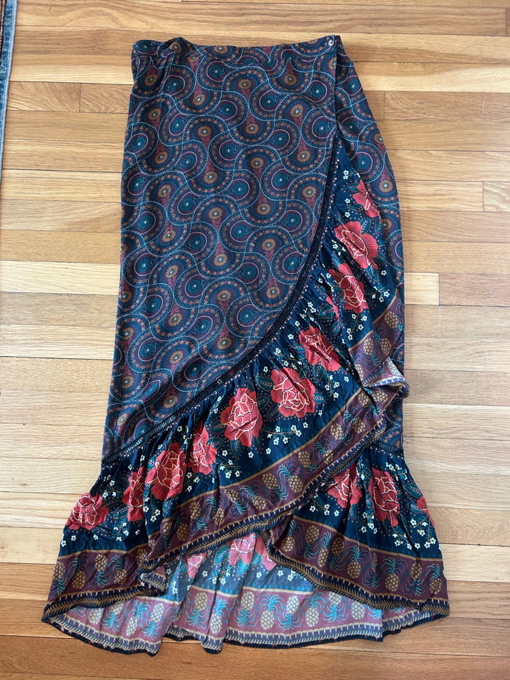 Anthropologie Mixed Paisley & Floral Maxi Skirt in Navy and Red Accents